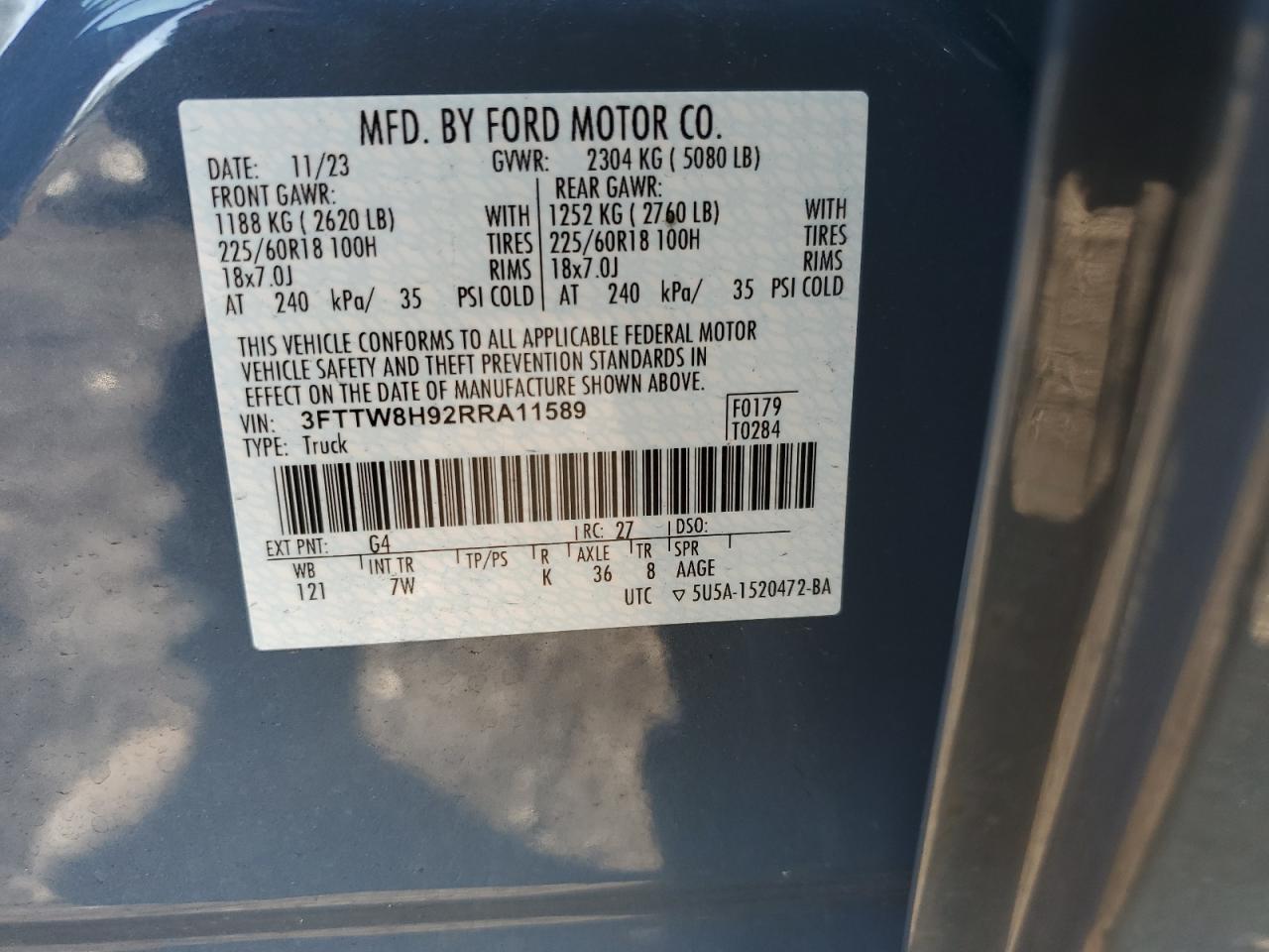 2024 FORD MAVERICK XLT VIN:3FTTW8H92RRA11589
