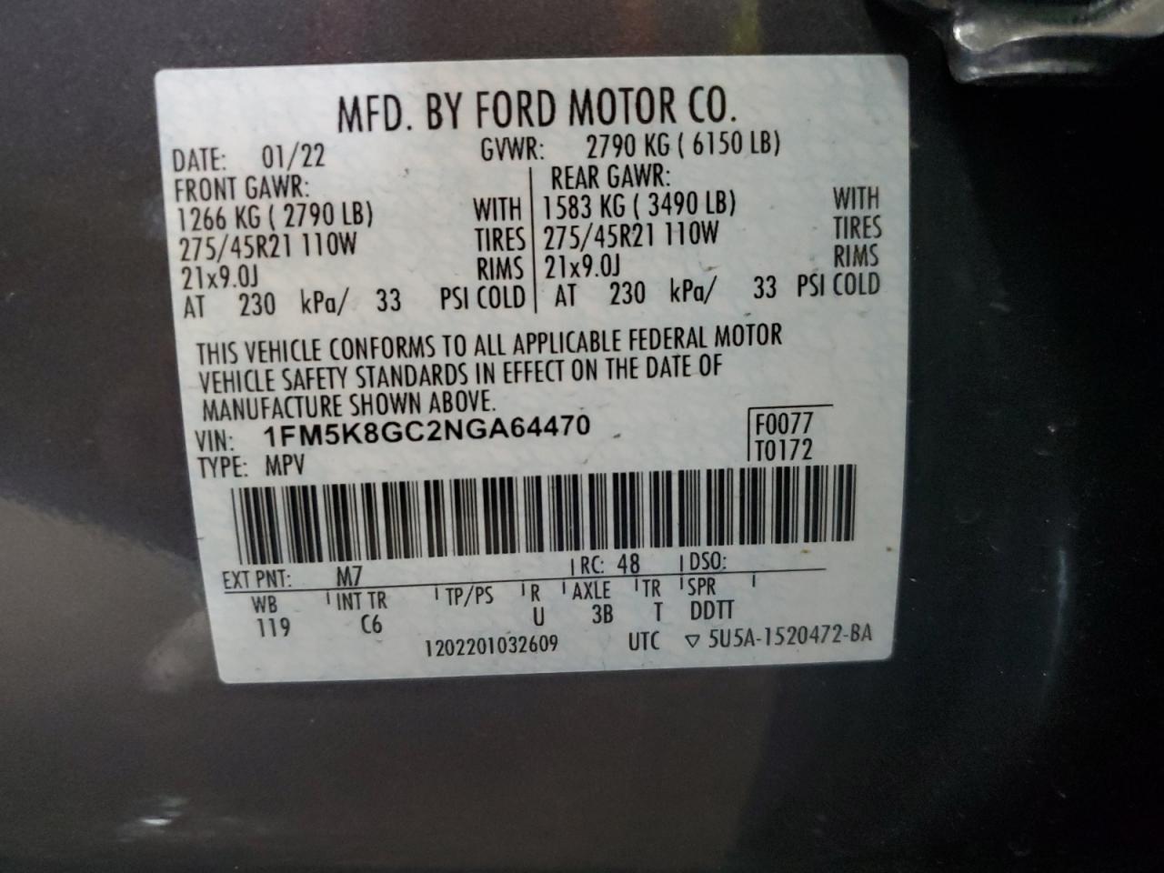 2022 FORD EXPLORER ST VIN:1FM5K8GC2NGA64470