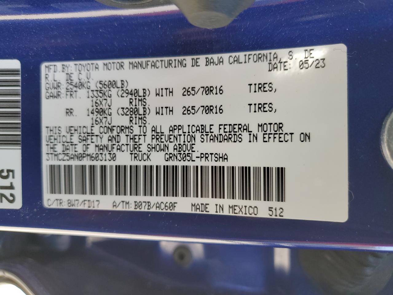 2023 TOYOTA TACOMA DOUBLE CAB VIN:3TMCZ5AN0PM603130