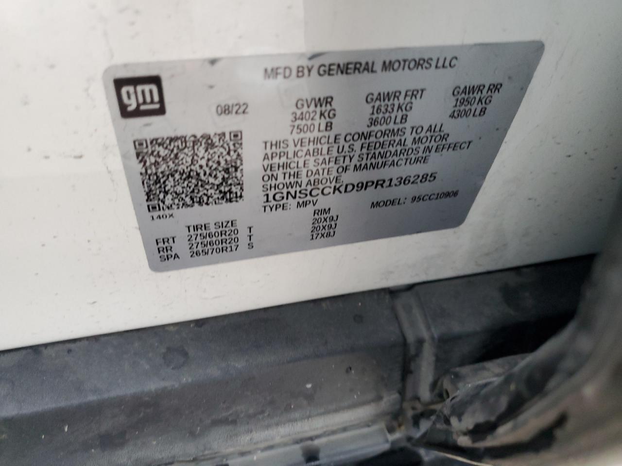 2023 CHEVROLET SUBURBAN C1500 LT VIN:1GNSCCKD9PR136285