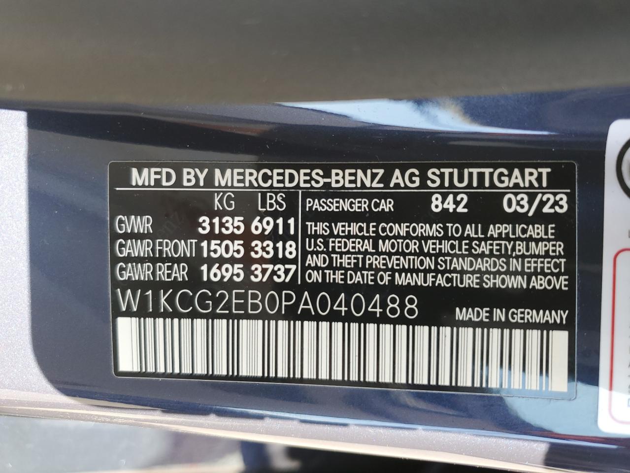 2023 MERCEDES-BENZ EQS SEDAN 450 4MATIC VIN:W1KCG2EB0PA040488