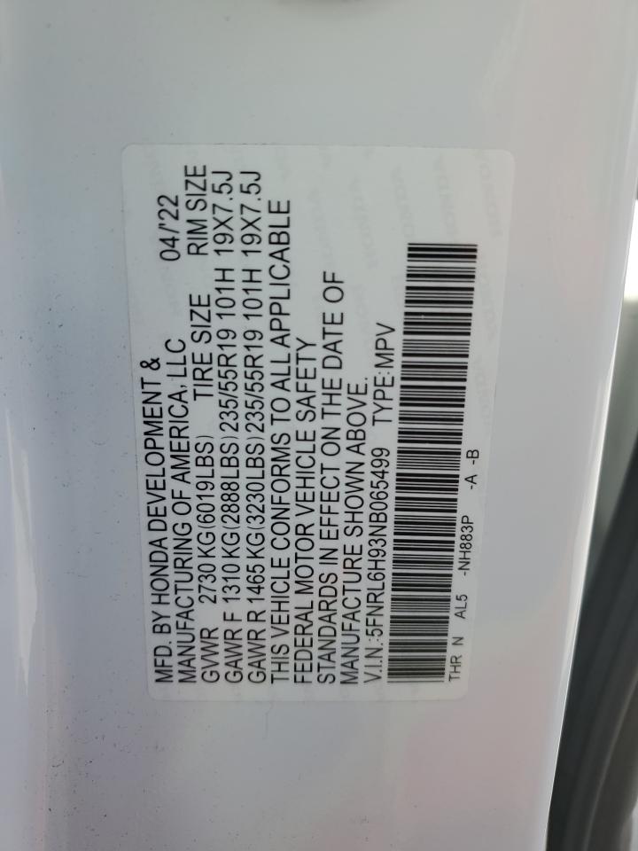 2022 HONDA ODYSSEY ELITE VIN:5FNRL6H93NB065499