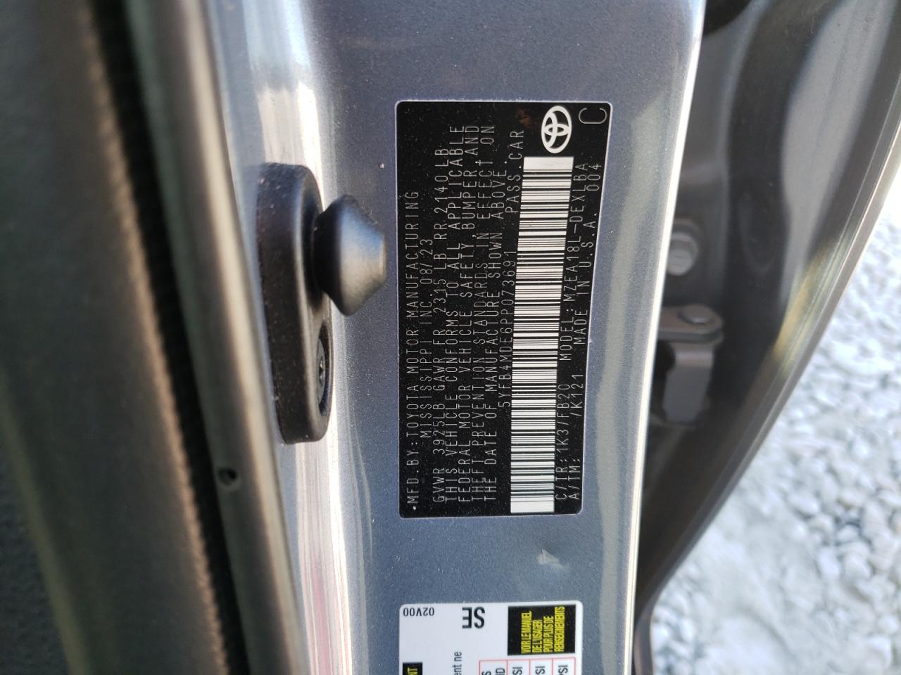 2023 TOYOTA COROLLA LE VIN:5YFB4MDE6PP073691