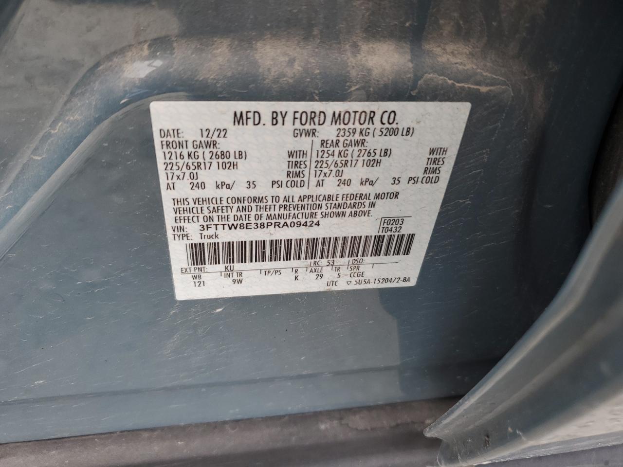 2023 FORD MAVERICK XL VIN:3FTTW8E38PRA09424