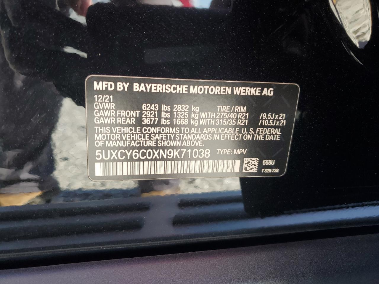 2022 BMW X6 XDRIVE40I VIN:5UXCY6C0XN9K71038