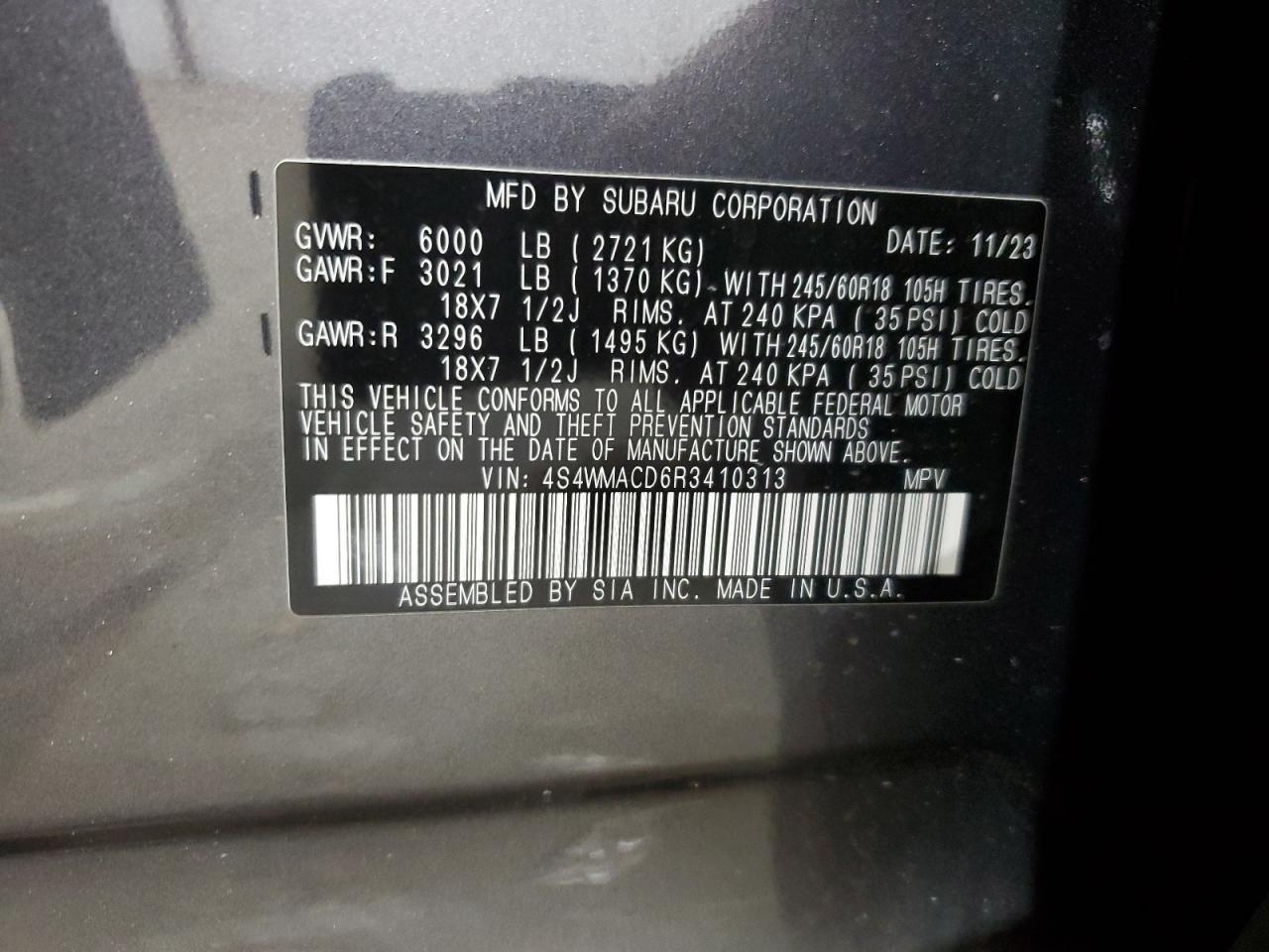 2024 SUBARU ASCENT PREMIUM VIN:4S4WMACD6R3410313