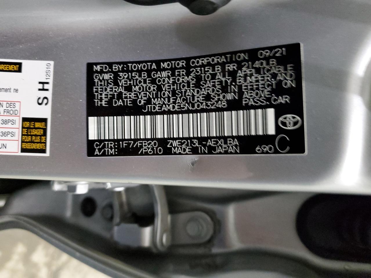2022 TOYOTA COROLLA LE VIN:JTDEAMDE5NJ043248