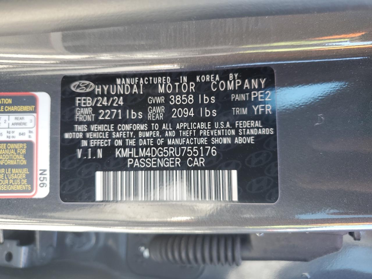 2024 HYUNDAI ELANTRA SEL VIN:KMHLM4DG5RU755176