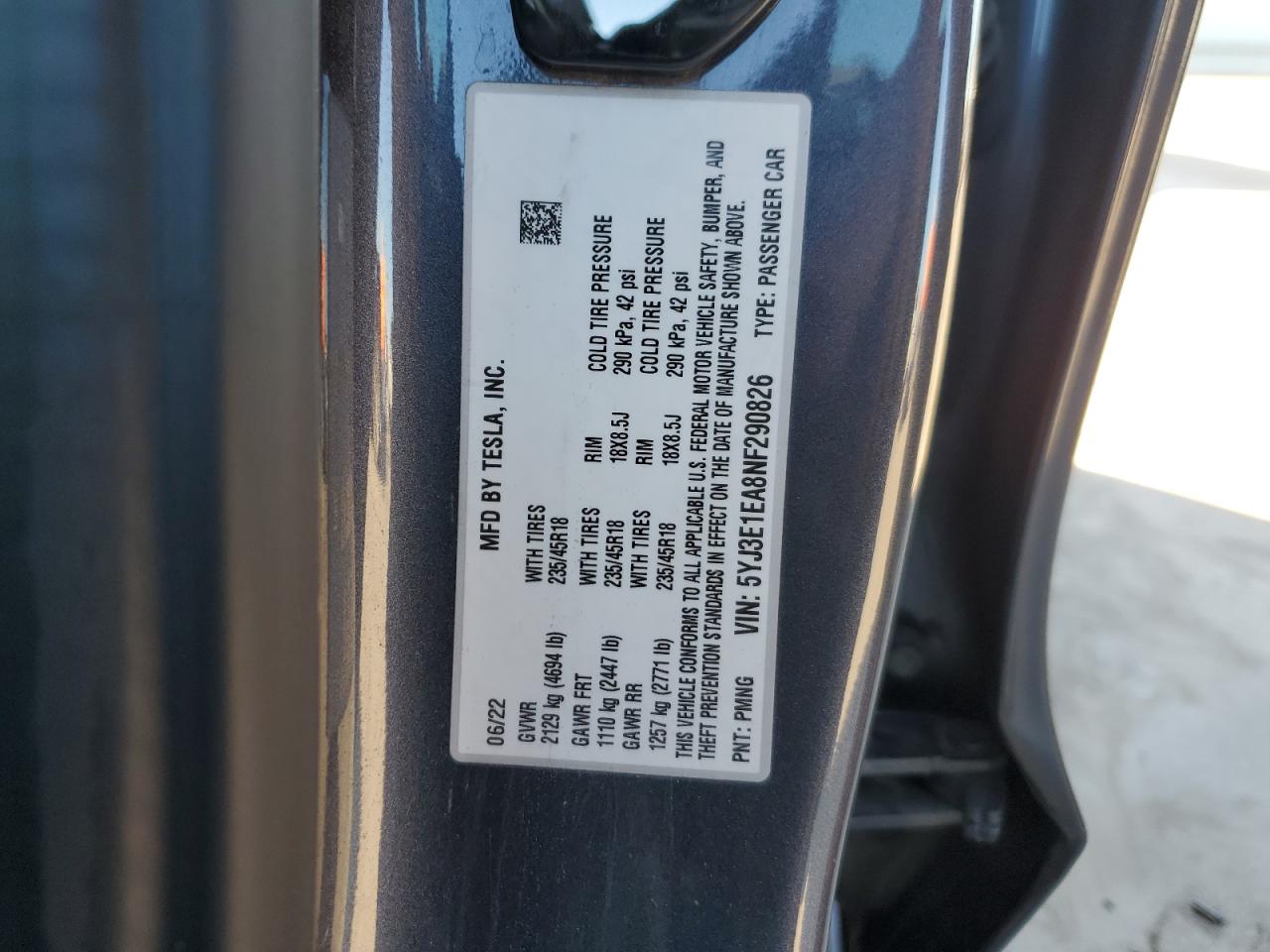 2022 TESLA MODEL 3  VIN:5YJ3E1EA8NF290826