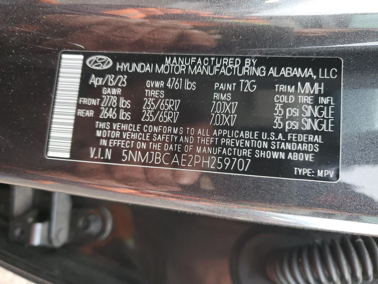 2023 HYUNDAI TUCSON SEL VIN:5NMJBCAE2PH259707