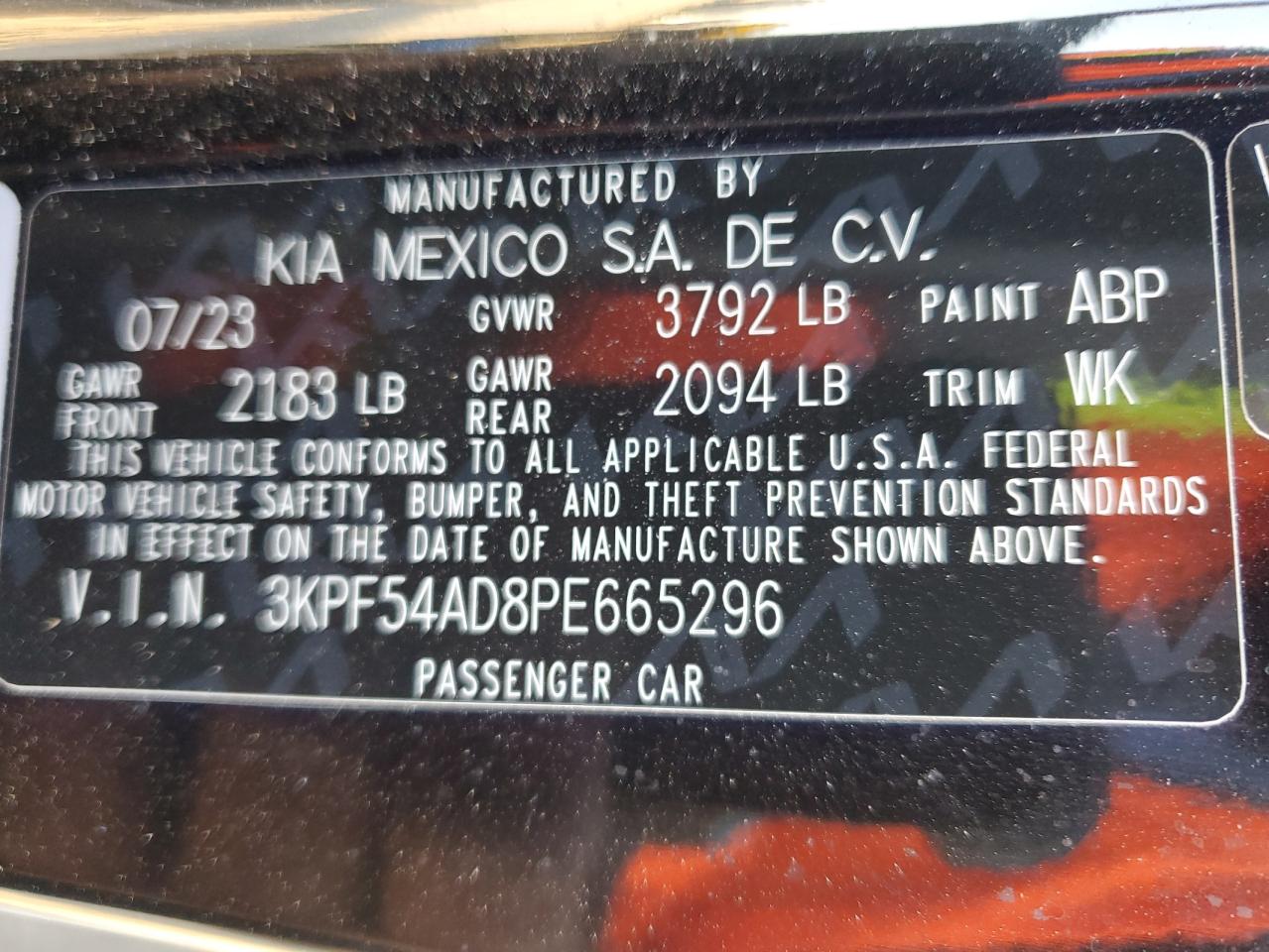 2023 KIA FORTE GT LINE VIN:3KPF54AD8PE665296