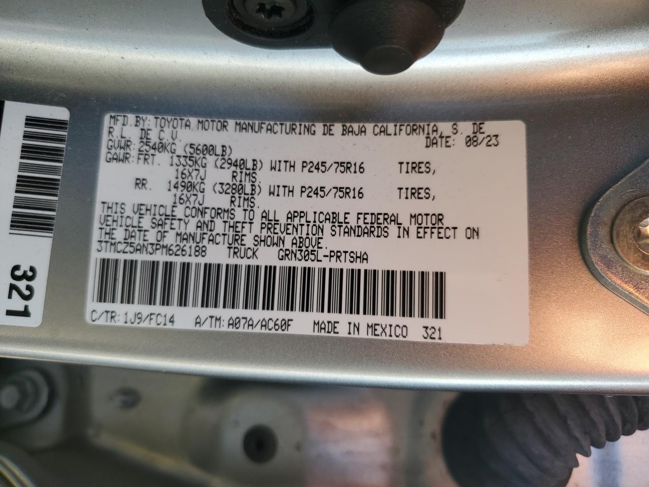2023 TOYOTA TACOMA DOUBLE CAB VIN:3TMCZ5AN3PM626188