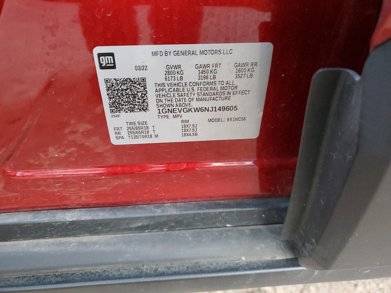 2022 CHEVROLET TRAVERSE LT VIN:1GNEVGKW6NJ149605