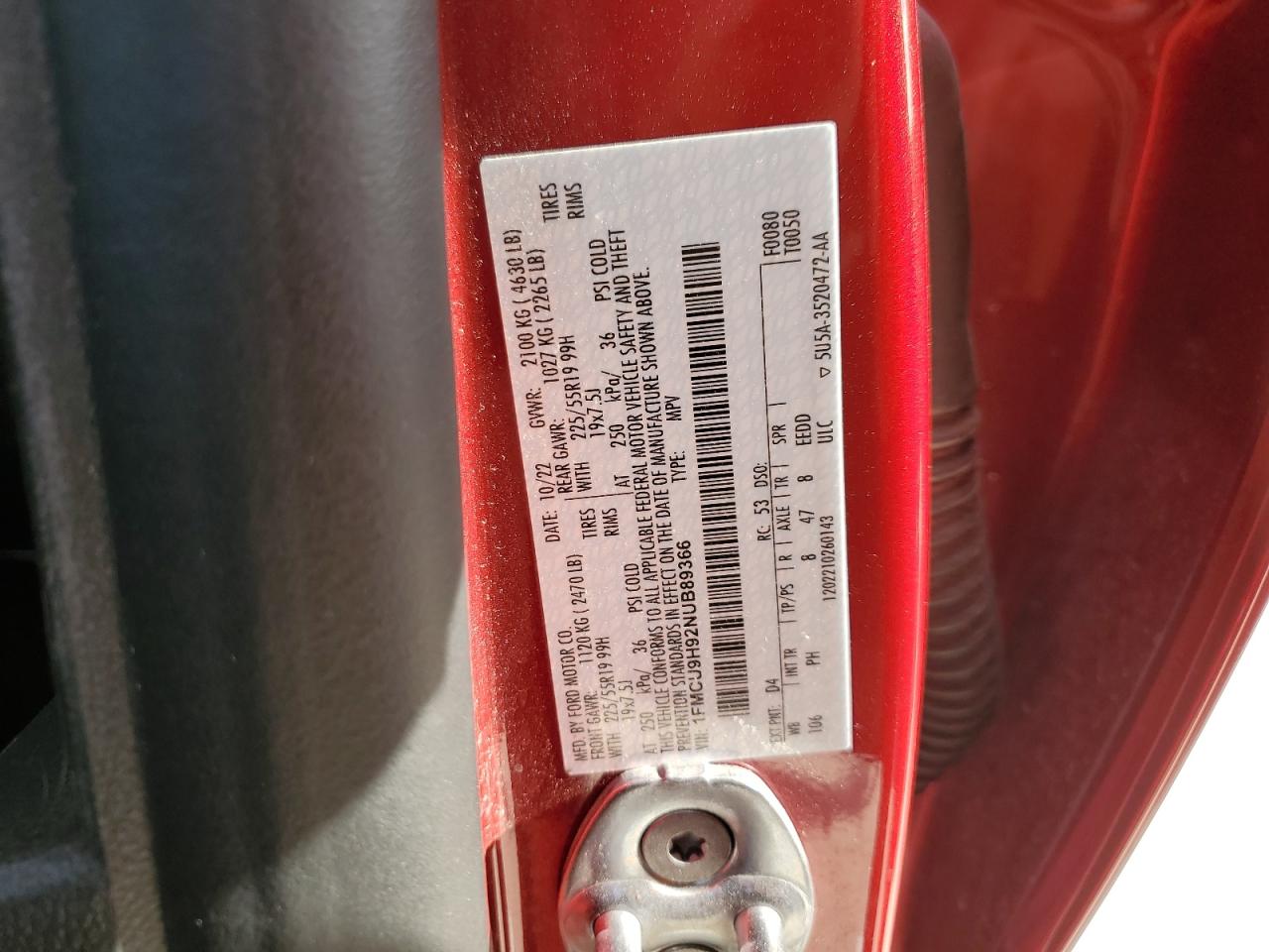 2022 FORD ESCAPE SEL VIN:1FMCU9H92NUB89366