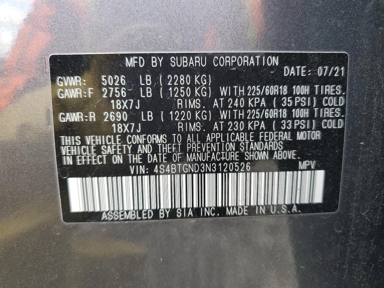 2022 SUBARU OUTBACK LIMITED XT VIN:4S4BTGND3N3120526