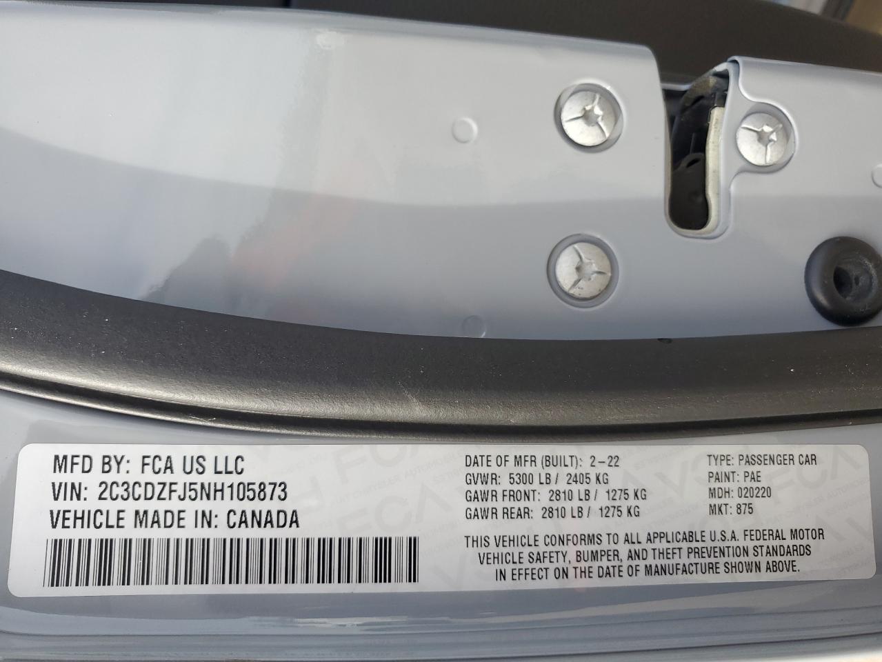 2022 DODGE CHALLENGER R/T SCAT PACK VIN:2C3CDZFJ5NH105873