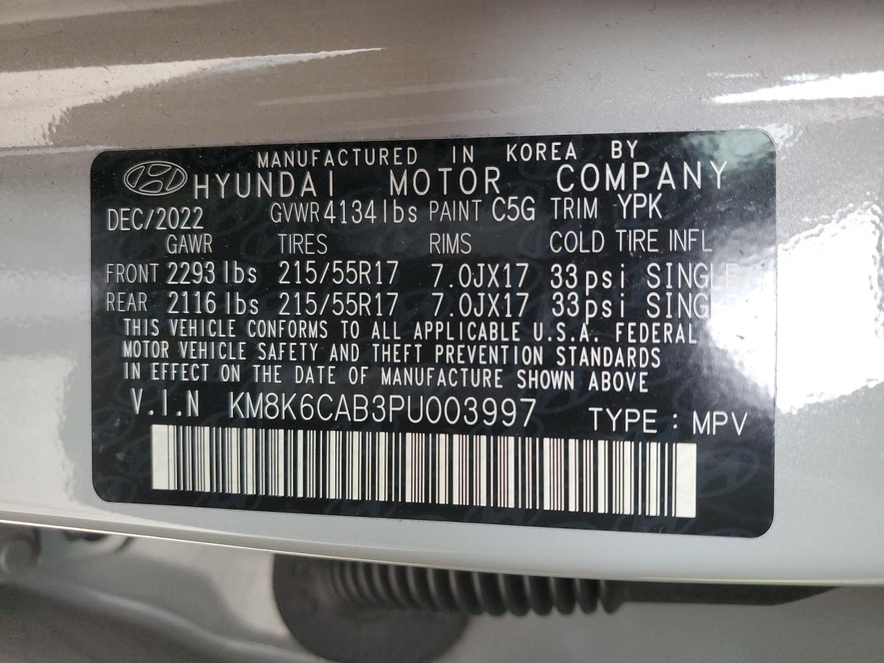 2023 HYUNDAI KONA SEL VIN:KM8K6CAB3PU003997