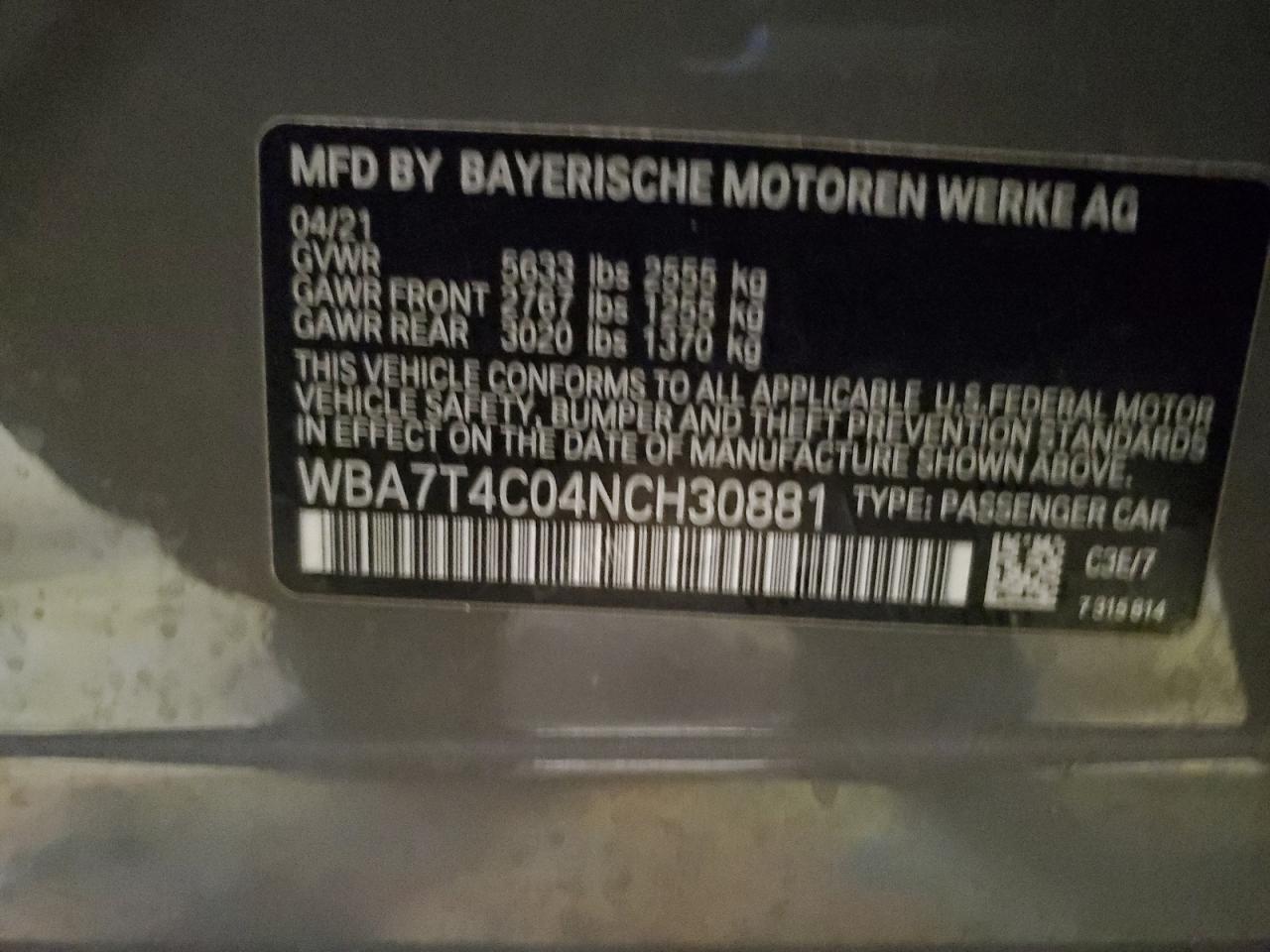 2022 BMW 740 XI VIN:WBA7T4C04NCH30881