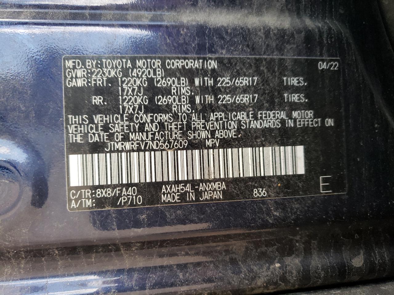 2022 TOYOTA RAV4 XLE VIN:JTMRWRFV7ND567609