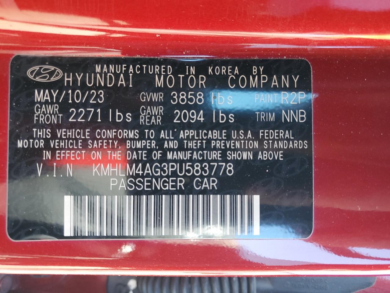 2023 HYUNDAI ELANTRA SEL VIN:KMHLM4AG3PU583778