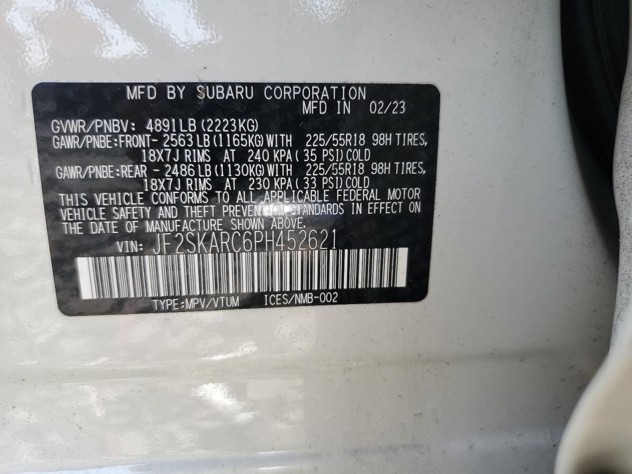 2023 SUBARU FORESTER TOURING VIN:JF2SKARC6PH452621