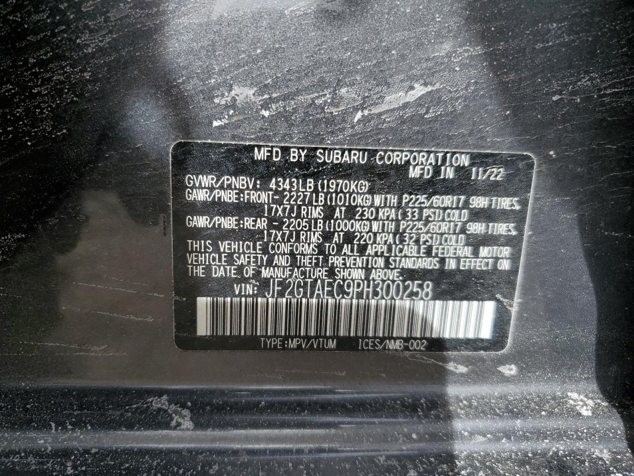 2023 SUBARU CROSSTREK PREMIUM VIN:JF2GTAEC9PH300258