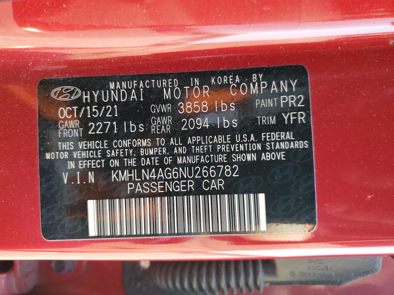 2022 HYUNDAI ELANTRA SEL VIN:KMHLN4AG6NU266782