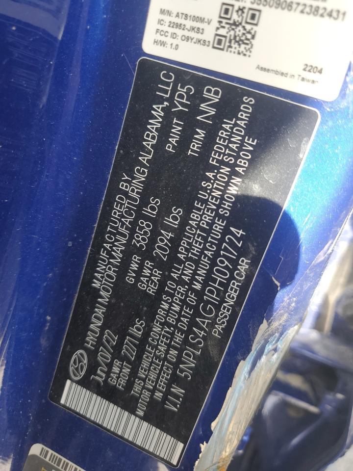 2023 HYUNDAI ELANTRA SEL VIN:5NPLS4AG1PH091724