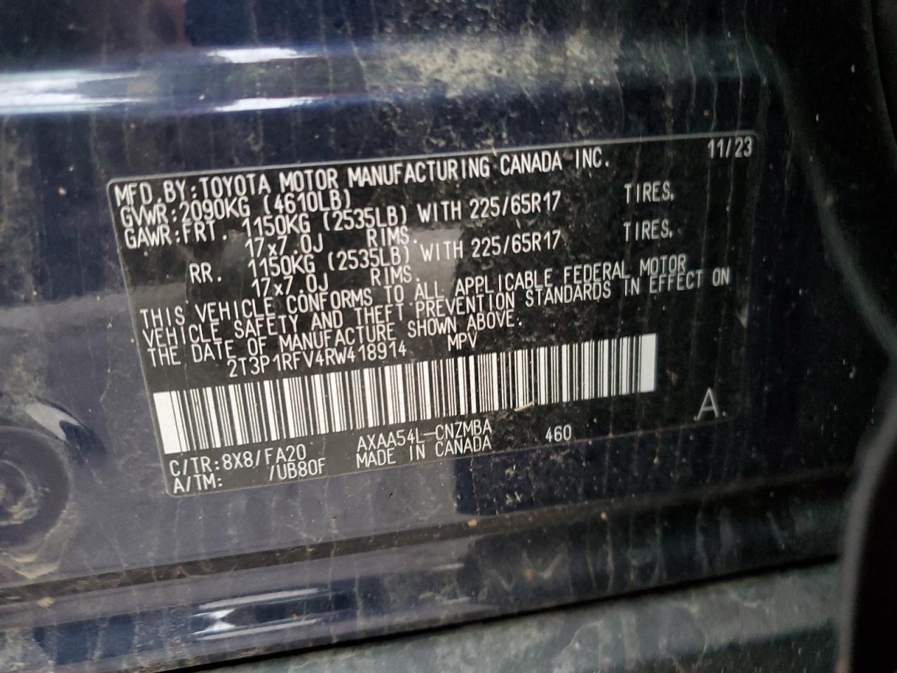 2024 TOYOTA RAV4 XLE VIN:2T3P1RFV4RW418914