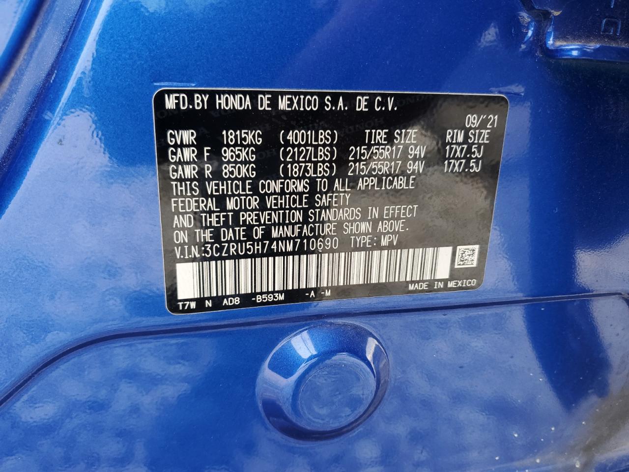 2022 HONDA HR-V EXL VIN:3CZRU5H74NM710690