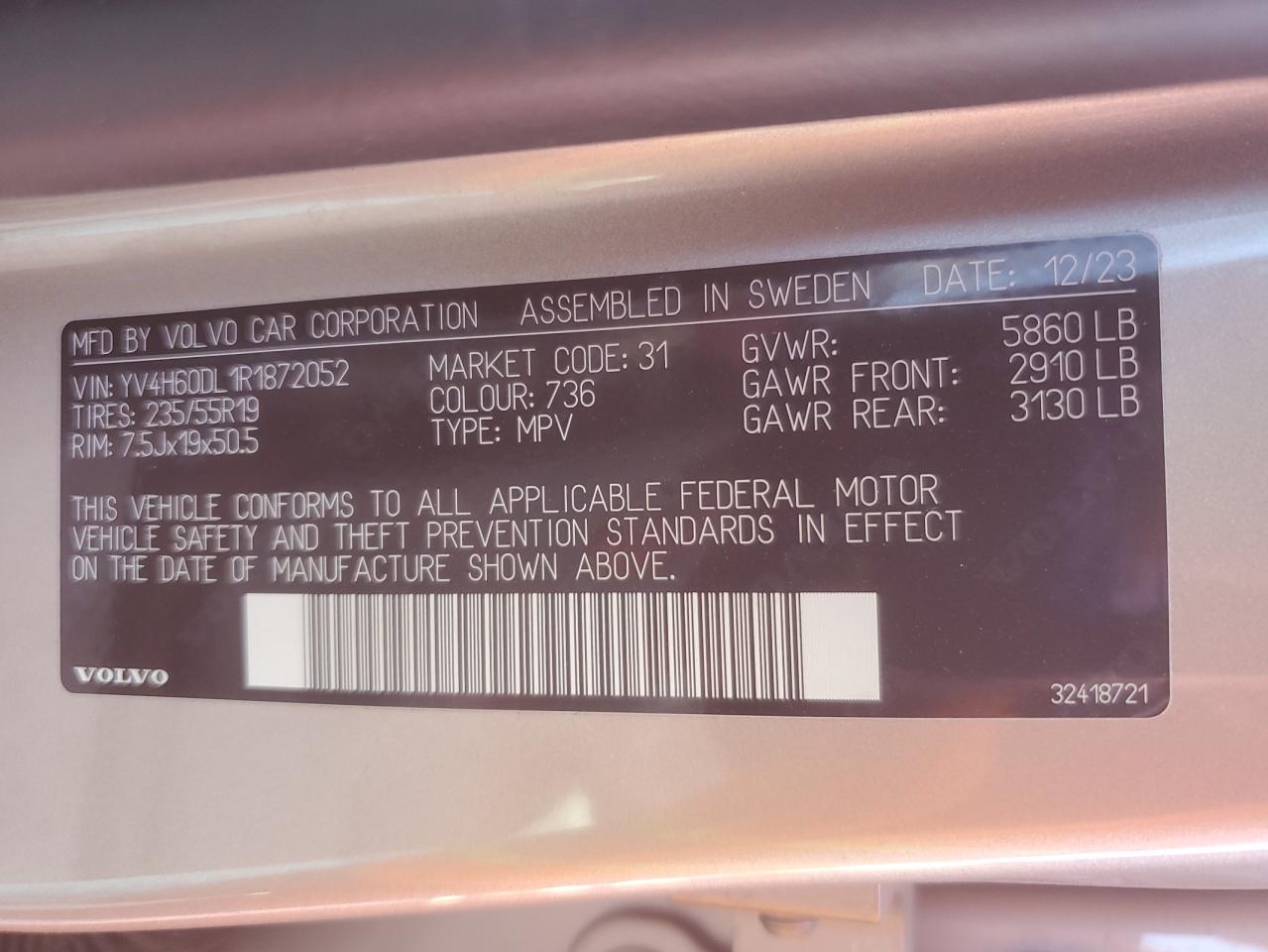 2024 VOLVO XC60 PLUS VIN:YV4H60DL1R1872052