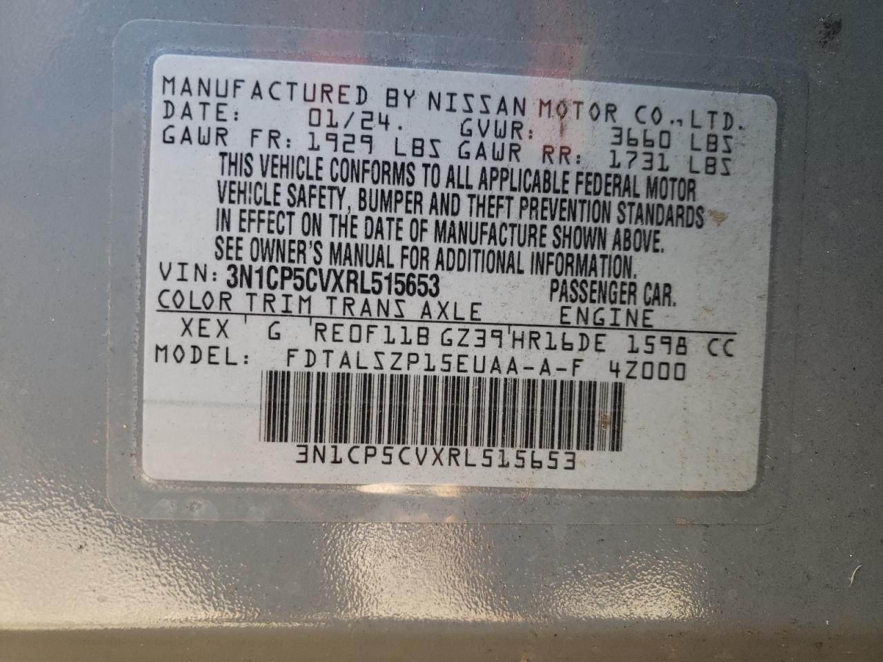 2024 NISSAN KICKS SV VIN:3N1CP5CVXRL515653