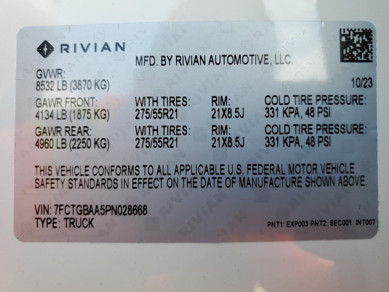 2023 RIVIAN R1T ADVENTURE VIN:7FCTGBAA5PN028668