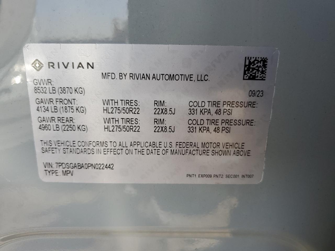 2023 RIVIAN R1S ADVENTURE VIN:7PDSGABA0PN022442