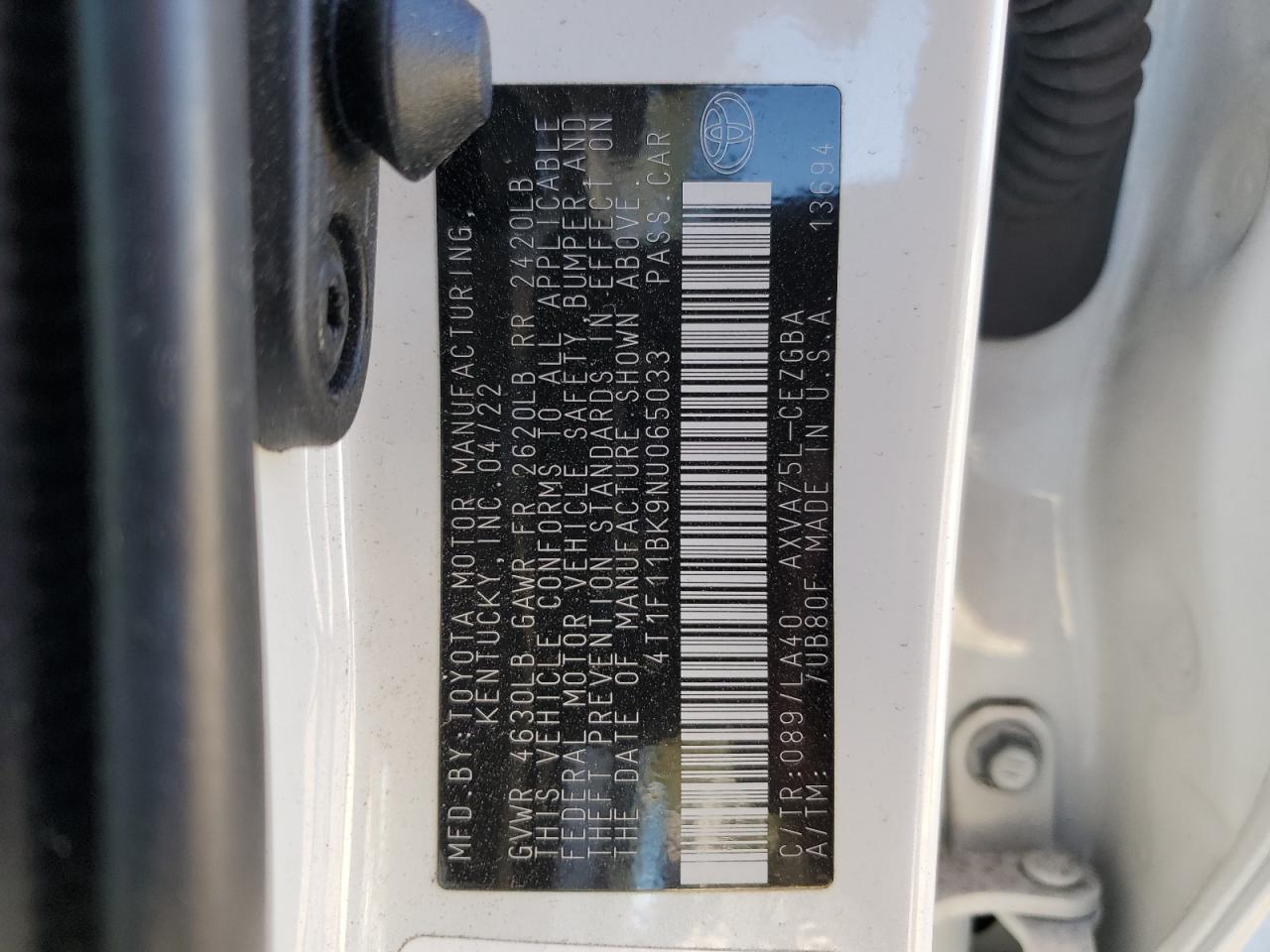 2022 TOYOTA CAMRY XLE VIN:4T1F11BK9NU065033