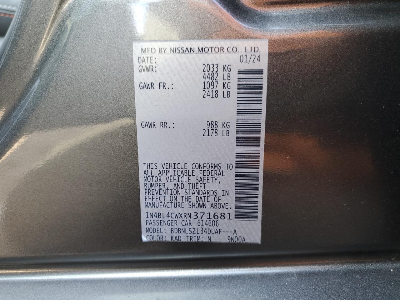 2024 NISSAN ALTIMA SR VIN:1N4BL4CWXRN371681