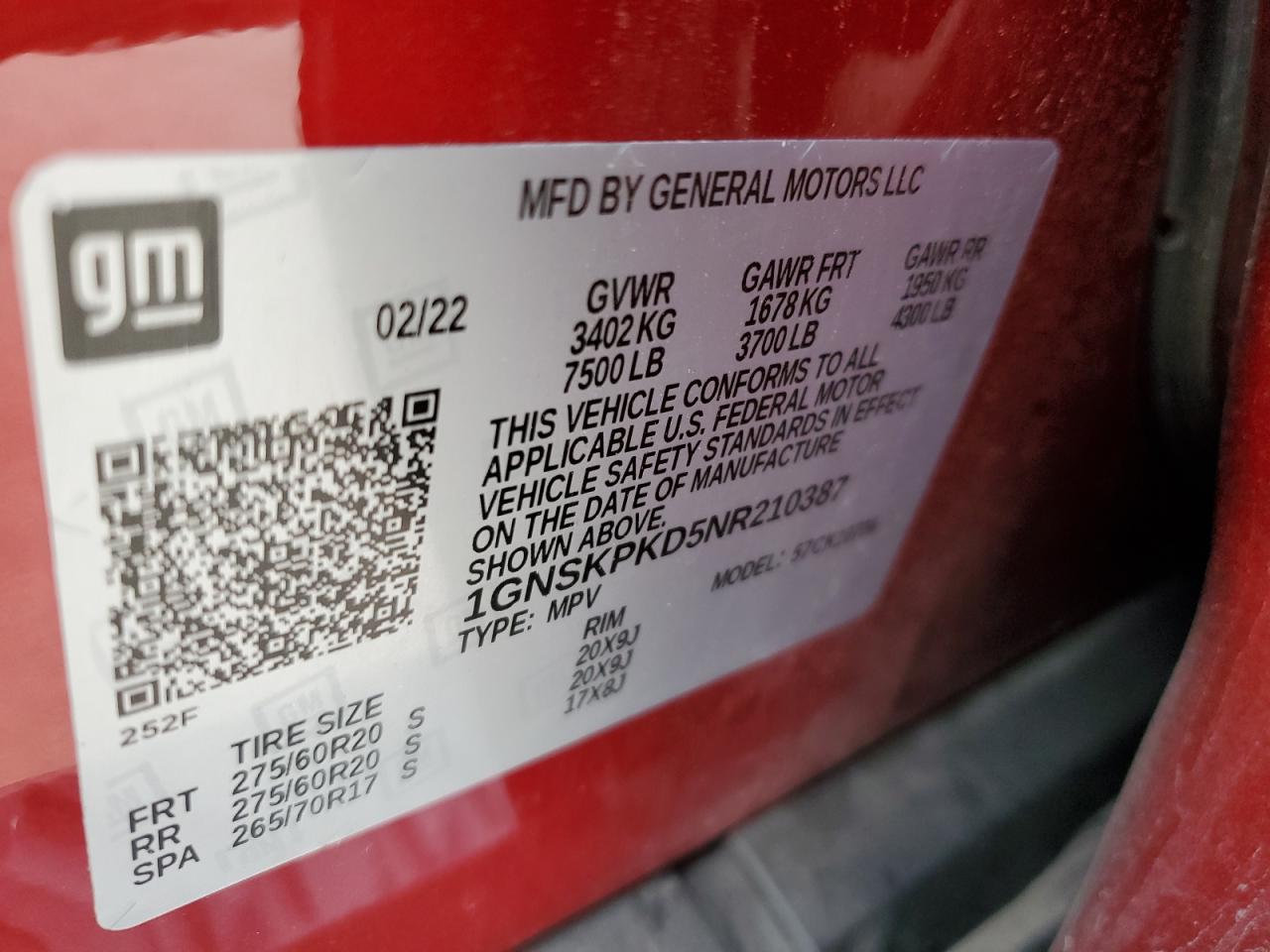 2022 CHEVROLET TAHOE K1500 Z71 VIN:1GNSKPKD5NR210387