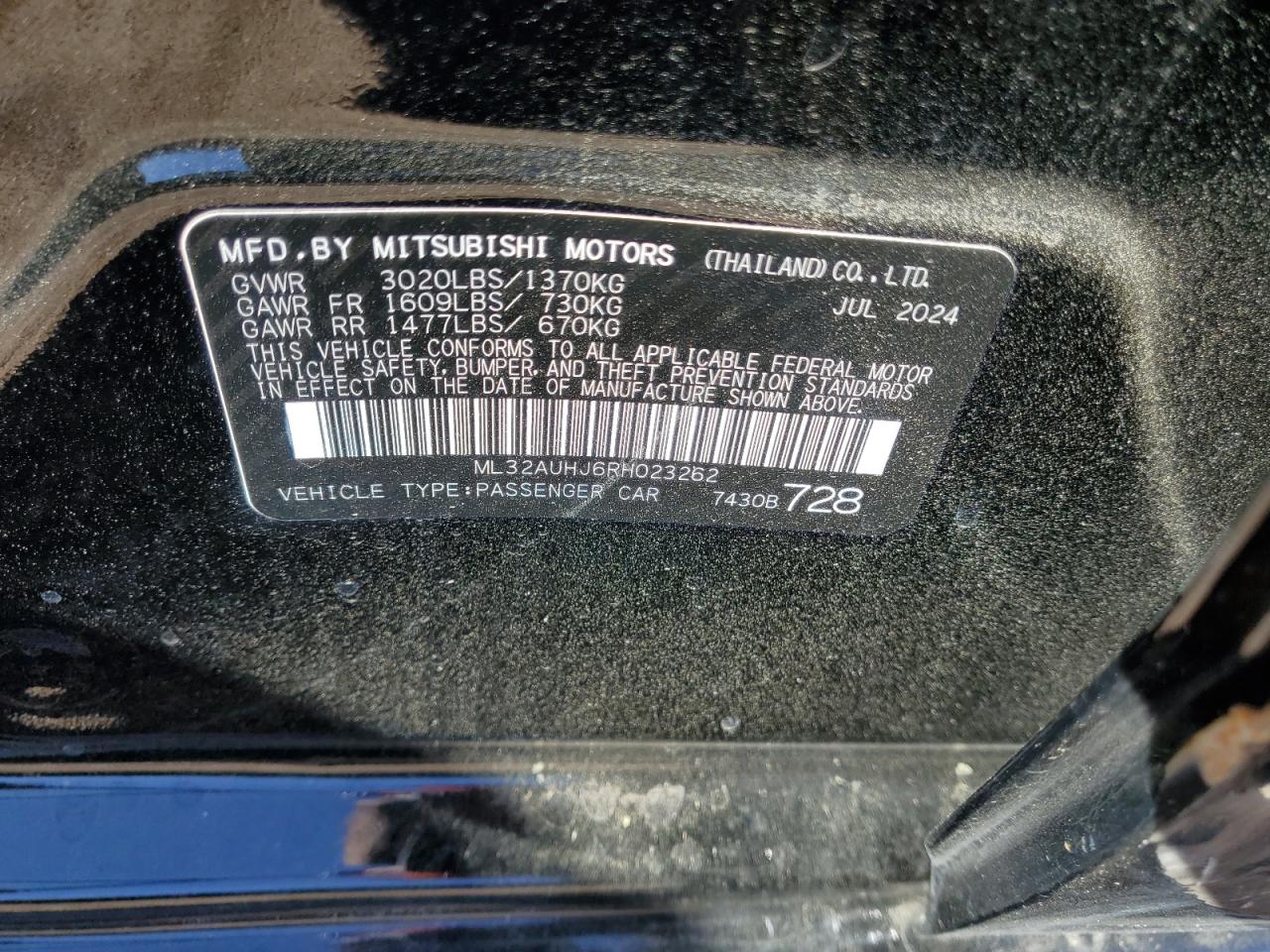 2024 MITSUBISHI MIRAGE ES VIN:ML32AUHJ6RH023262