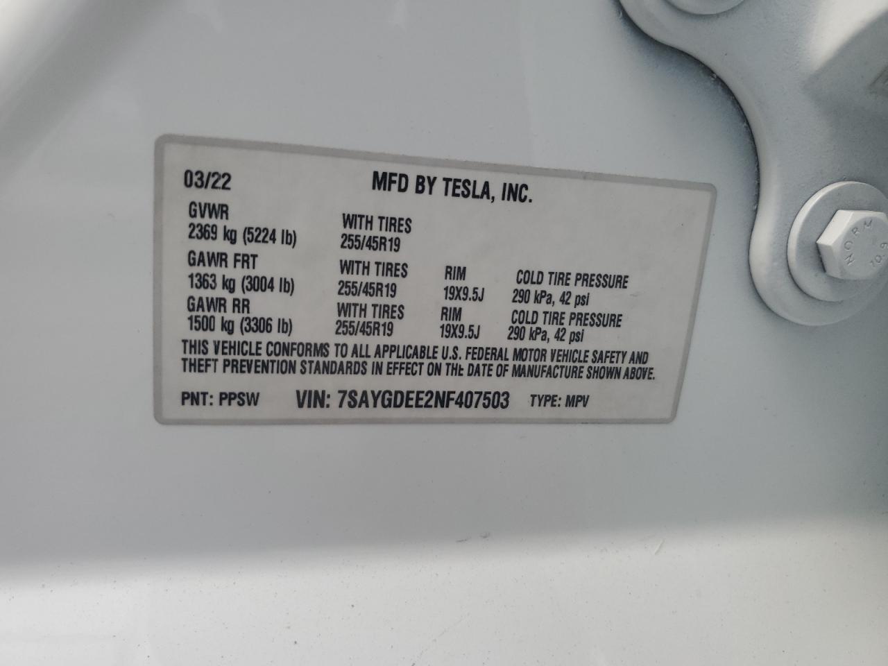 2022 TESLA MODEL Y  VIN:7SAYGDEE2NF407503
