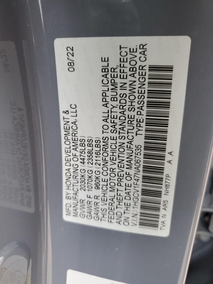 2022 HONDA ACCORD SPORT SE VIN:1HGCV1F47NA067535