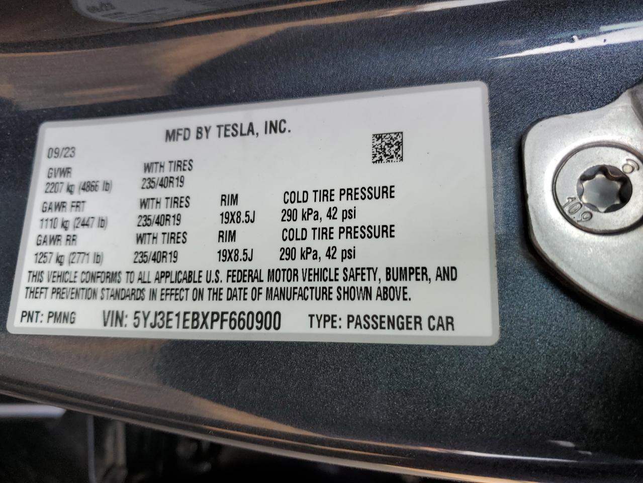 2023 TESLA MODEL 3  VIN:5YJ3E1EBXPF660900