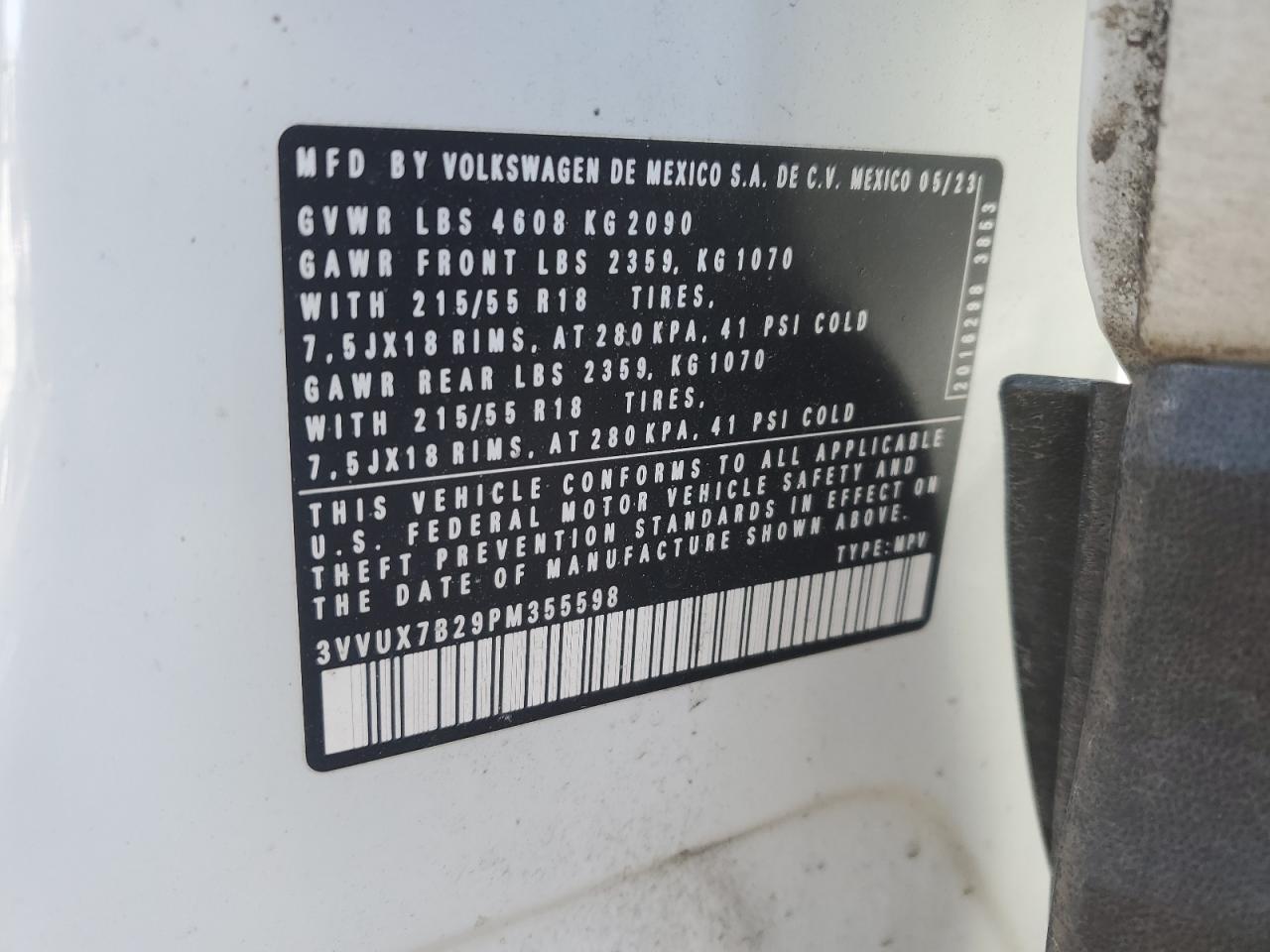 2023 VOLKSWAGEN TAOS SE VIN:3VVUX7B29PM355598