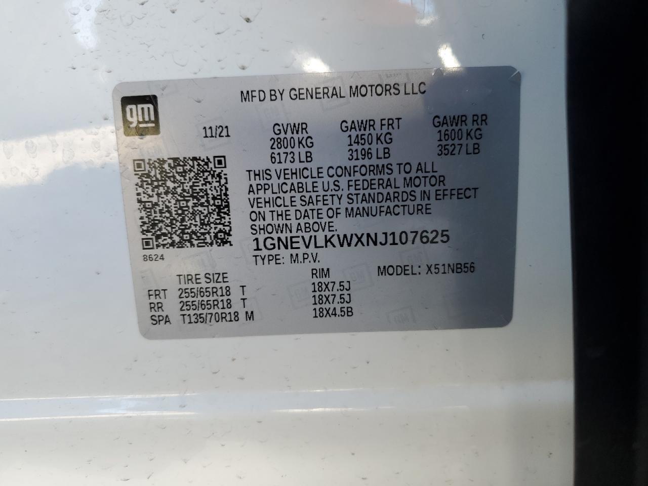 2022 CHEVROLET TRAVERSE LS VIN:1GNEVLKWXNJ107625