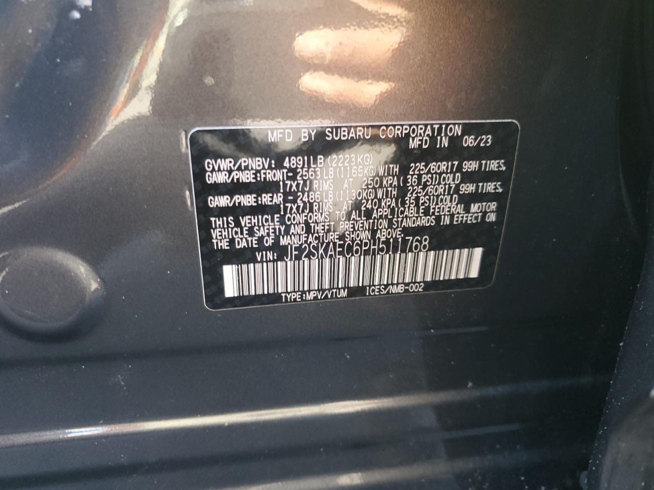 2023 SUBARU FORESTER PREMIUM VIN:JF2SKAEC6PH511768