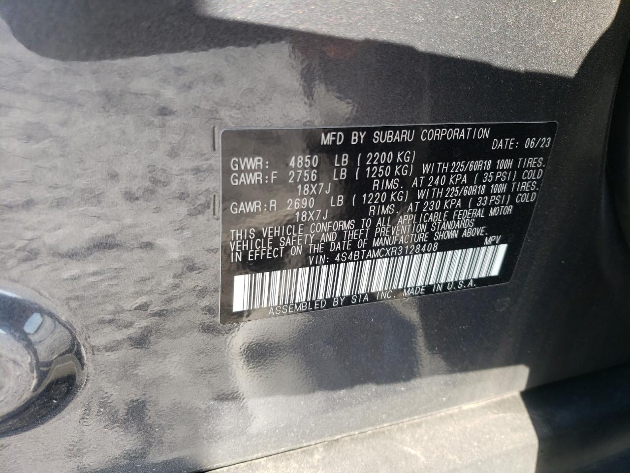 2024 SUBARU OUTBACK LIMITED VIN:4S4BTAMCXR3128408