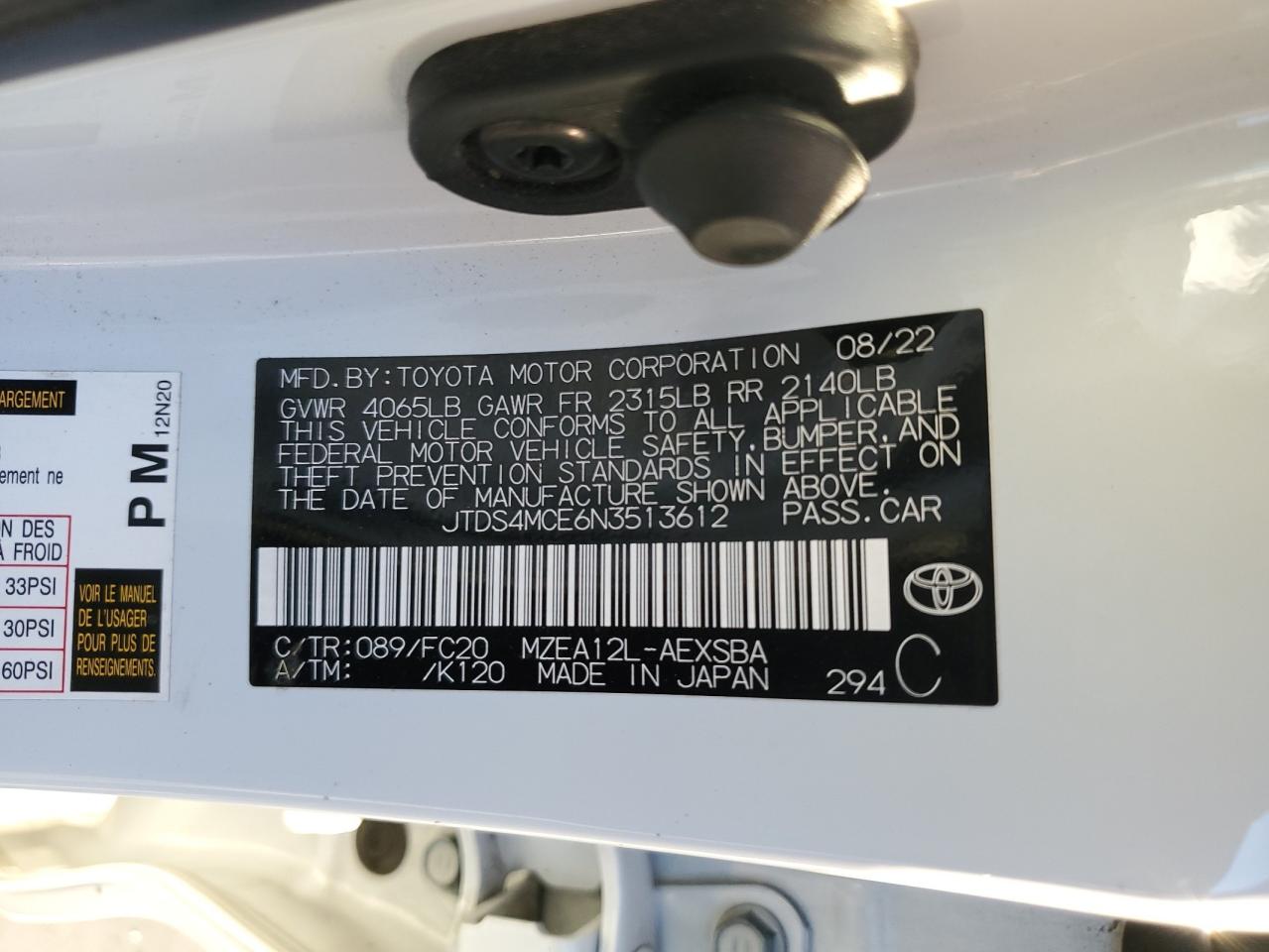2022 TOYOTA COROLLA SE VIN:JTDS4MCE6N3513612