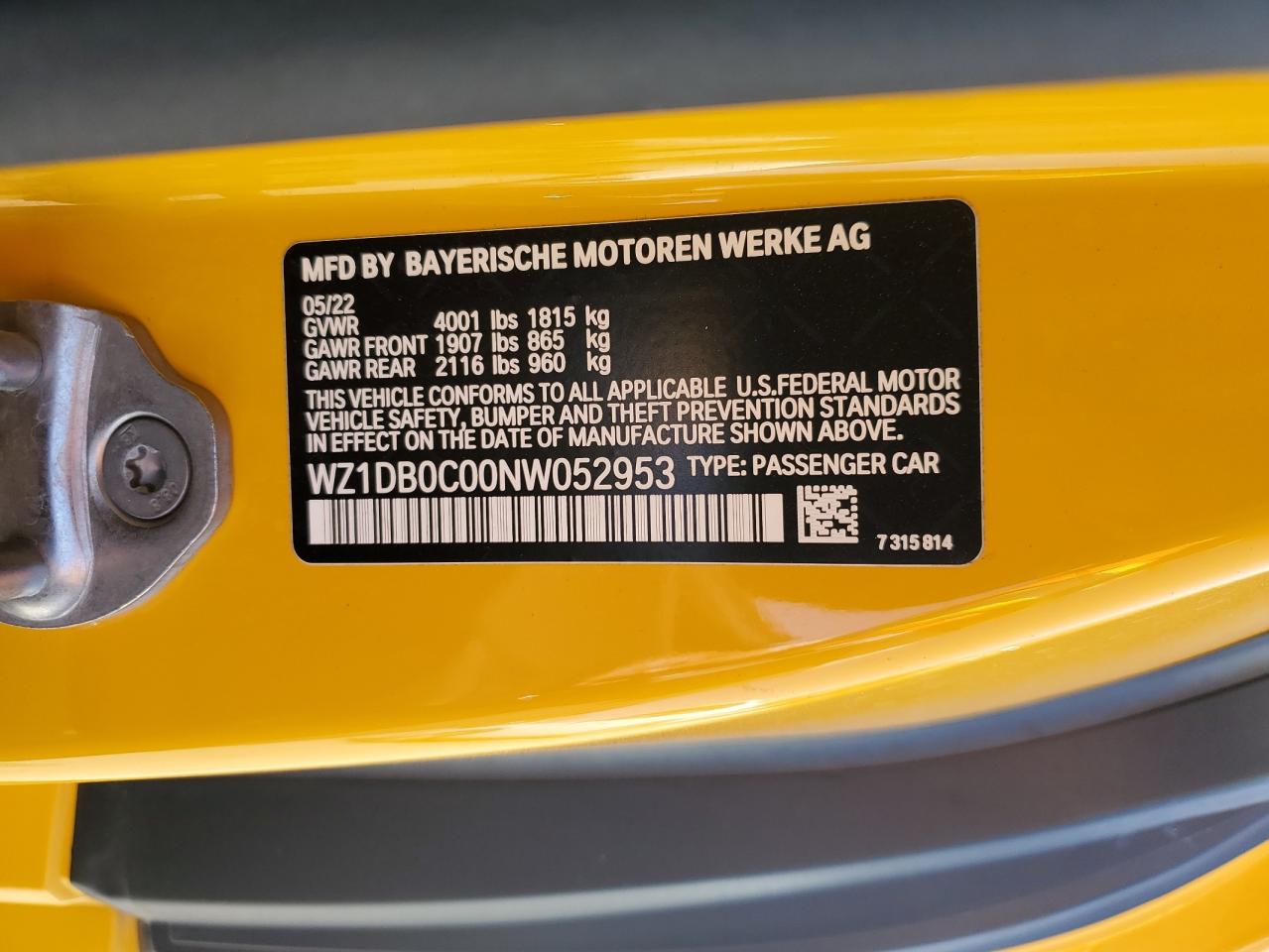 2022 TOYOTA SUPRA BASE VIN:WZ1DB0C00NW052953