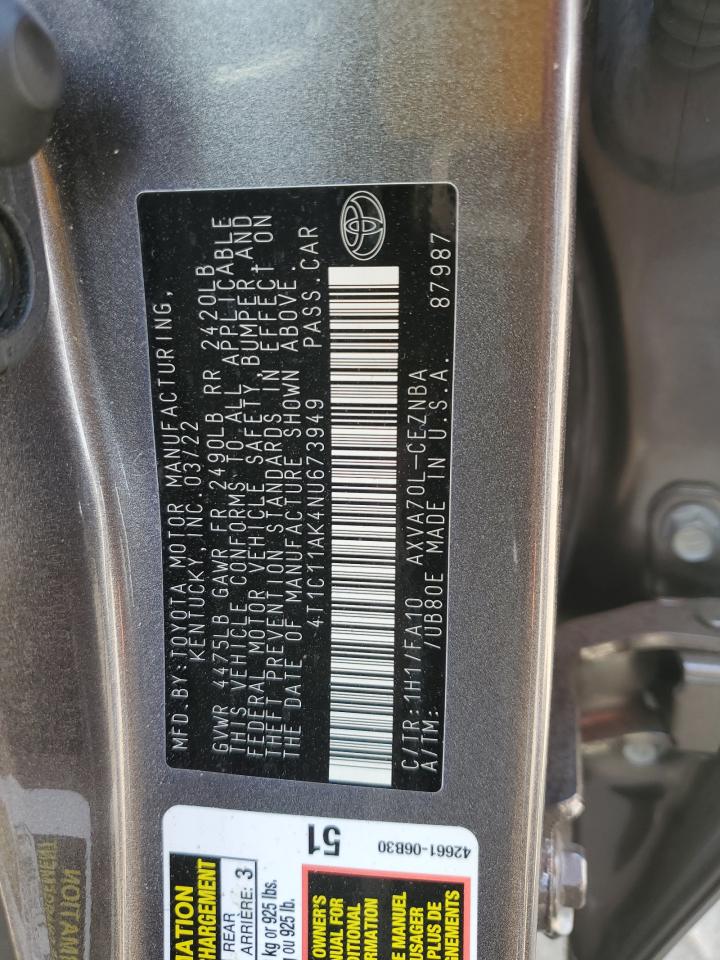 2022 TOYOTA CAMRY LE VIN:4T1C11AK4NU673949