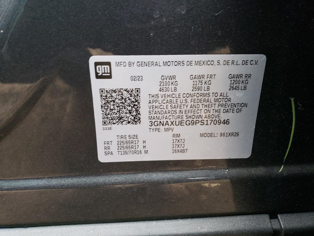 2023 CHEVROLET EQUINOX LT VIN:3GNAXUEG9PS170946