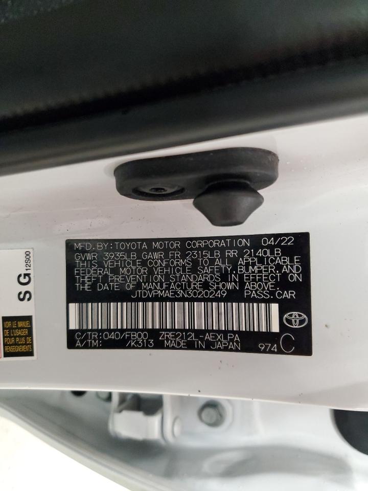 2022 TOYOTA COROLLA LE VIN:JTDVPMAE3N3020249